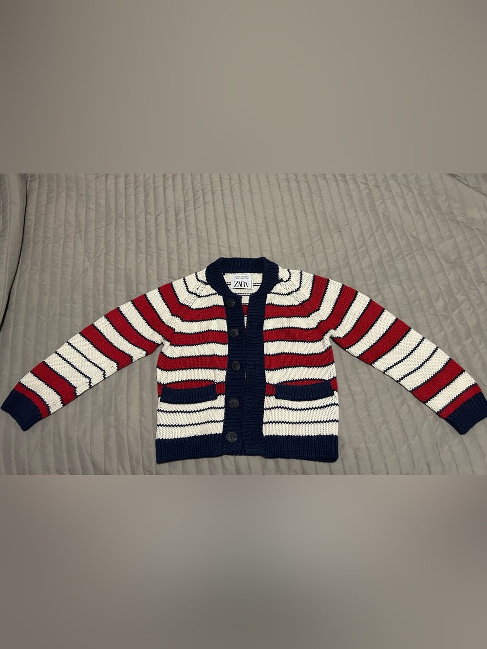 Zara Kids (Boys 6-7) Red White Navy Striped Button-Up Cardigan